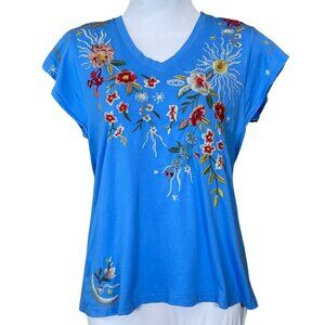 Johnny Was Lissa Bright Blue Flutter Sleeve Floral Embroidered Tee XXS NWT